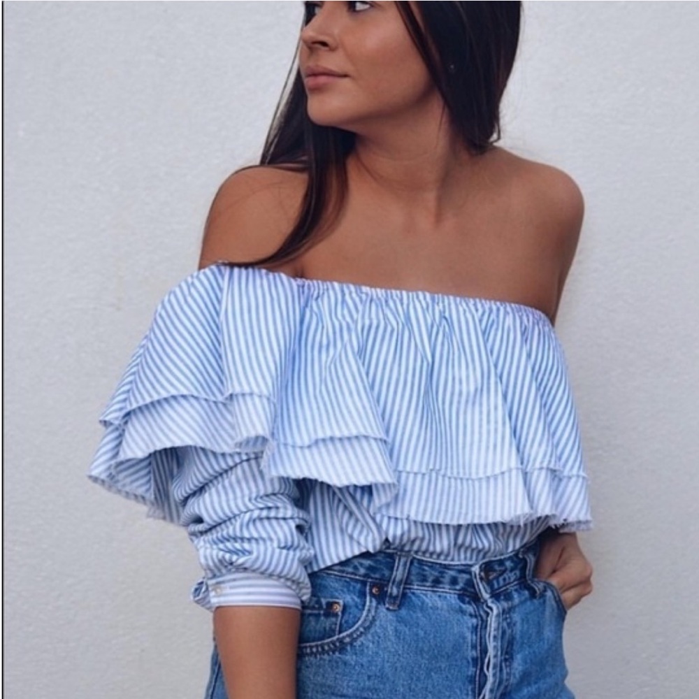 Zara One Shoulder blue and white stripe ruffle top